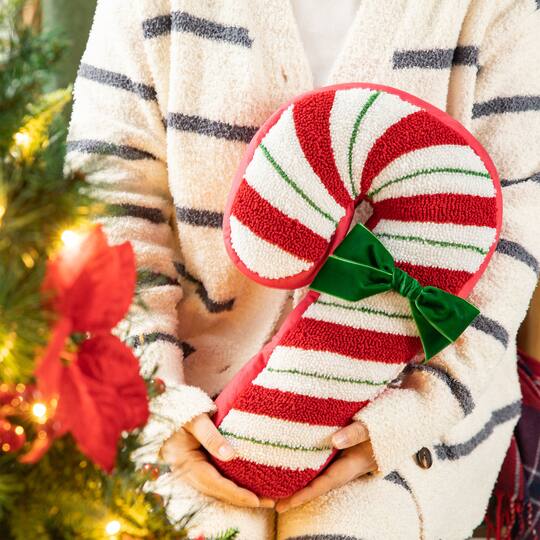 Glitzhome® 15.75" Hooked Christmas Candy Cane Pillow